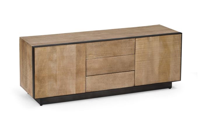 Mueble de TV 2 puertas en madera de mango natural y detalles en acero negro.