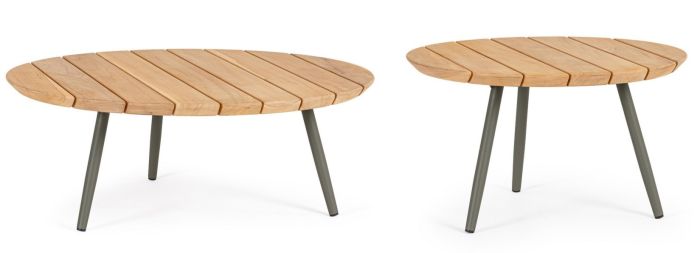 Set 2 mesa centro jardín nórdica con sobre de madera de teca natural y patas de acero verde.