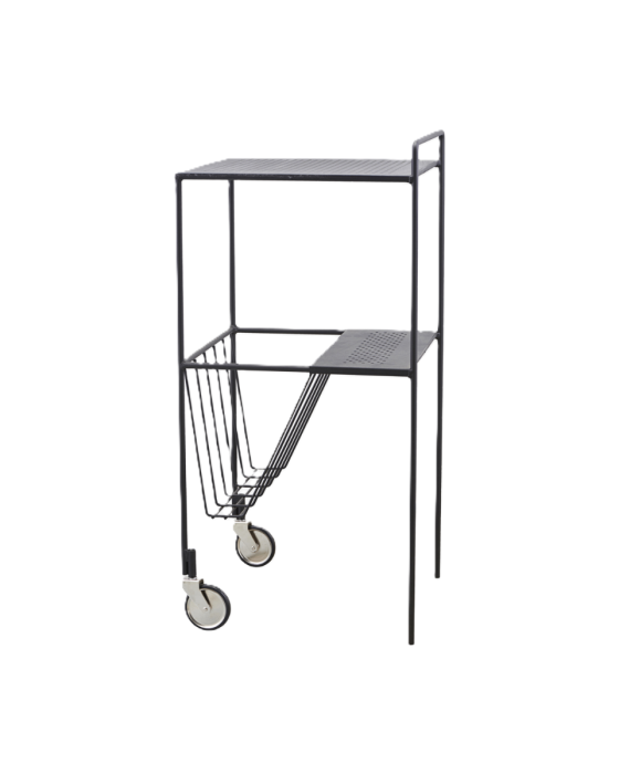 Carrito o mesa auxiliar industrial moderna en metal negro mate.