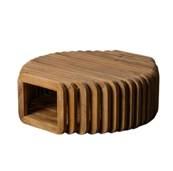 Mesa de centro nórdica en madera de mango con estructura de lamas y hueco central.