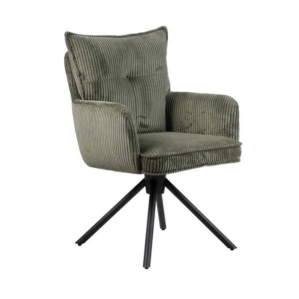 Silla de comedor con giro de 360 grados moderna en tela pana verde claro y patas de metal negro.