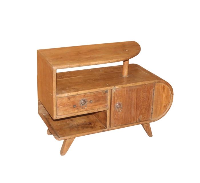 Banco para teléfono vintage en madera marrón con 1 cajón y 1 puerta.
