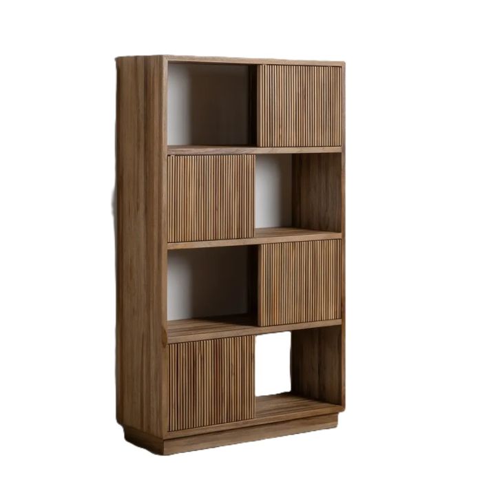 Estantería nórdica moderna en madera de teca reciclada con 8 compartimentos.