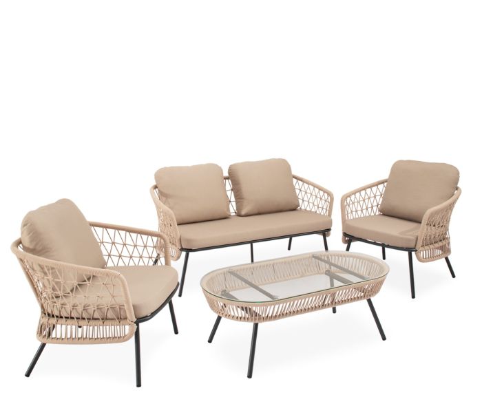 Conjunto de jardín tropical un sofá, sillones y una mesa de centro en cuerda, acero negro y cristal templado.