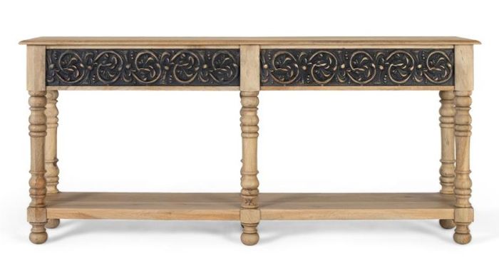 Consola de recibidor vintage en madera de mango natural con pátina gris.