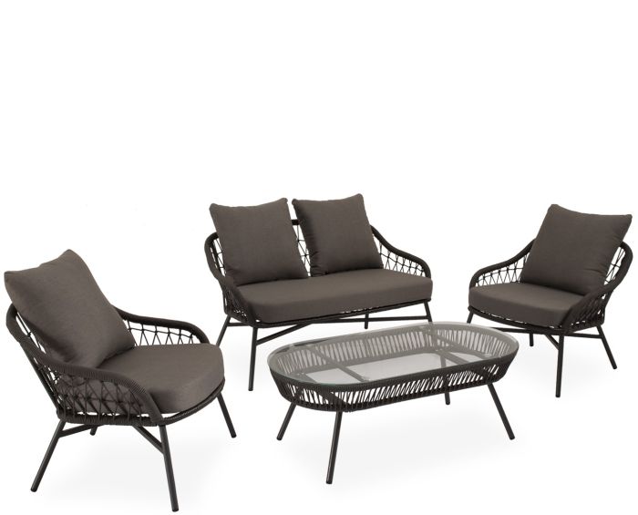 Conjunto de jardín tropical un sofá, sillones y una mesa de centro en cuerda, acero gris y cristal templado.