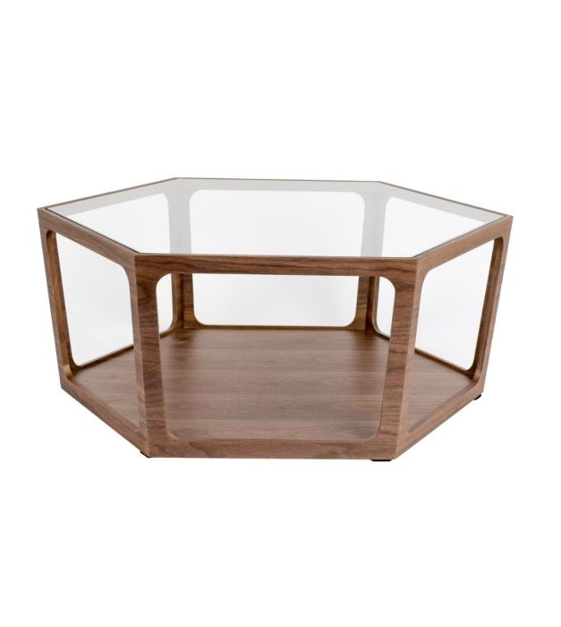 Mesa de centro nórdica en madera, chapa nogal marrón y sobre de cristal templado.