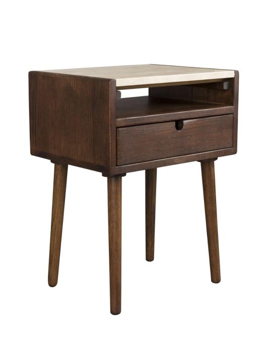 Mesita de noche mid-century madera de roble acabado nogal y sobre de piedra travertino beige.