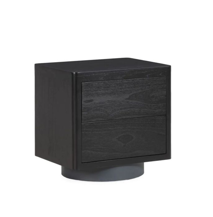 Mesita de noche 2 cajones de diseño moderno en madera de cedro negro y base de metal gris.