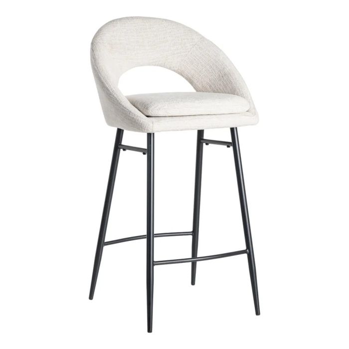 Taburete alto moderno en metal negro con asiento tapizado en crema.