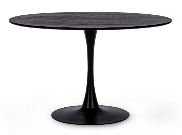 Mesa de comedor moderna con sobre de madera y base de acero negro.