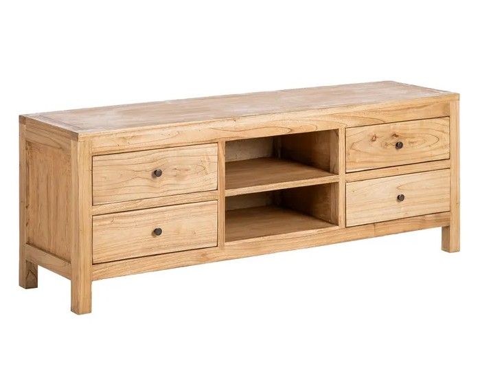 Mueble de TV nórdico en madera mindi natural 6 cajones.