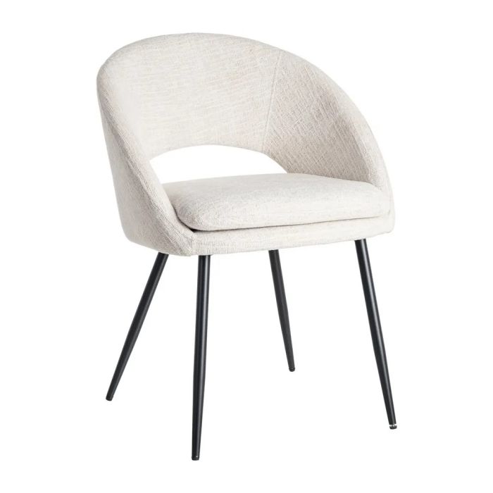 Silla estilo moderno en metal tapizado en tela crema con patas de hierro negro.