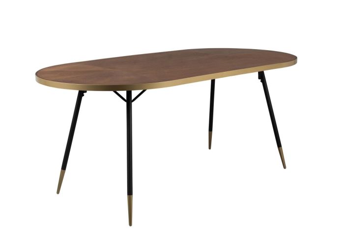 Mesa de comedor industrial moderno en chapa de fresno marrón con borde metálico dorado y patas en negro.
