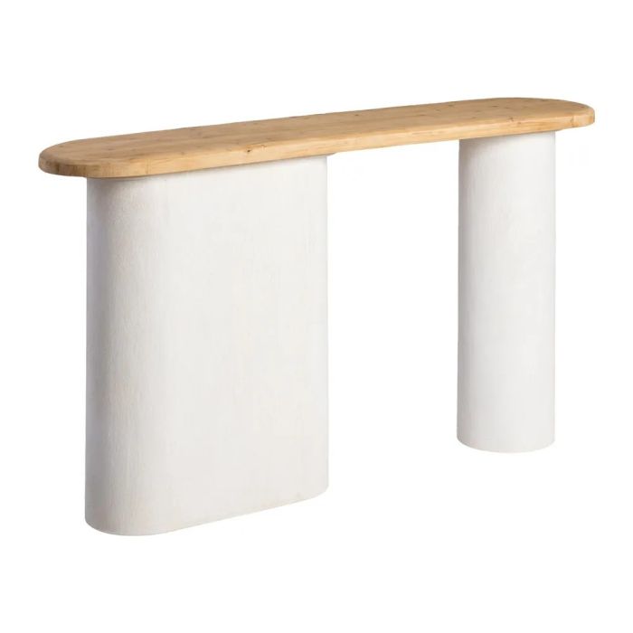 Consola rectangular nórdica en madera natural y patas cilíndricas en dm blanco.