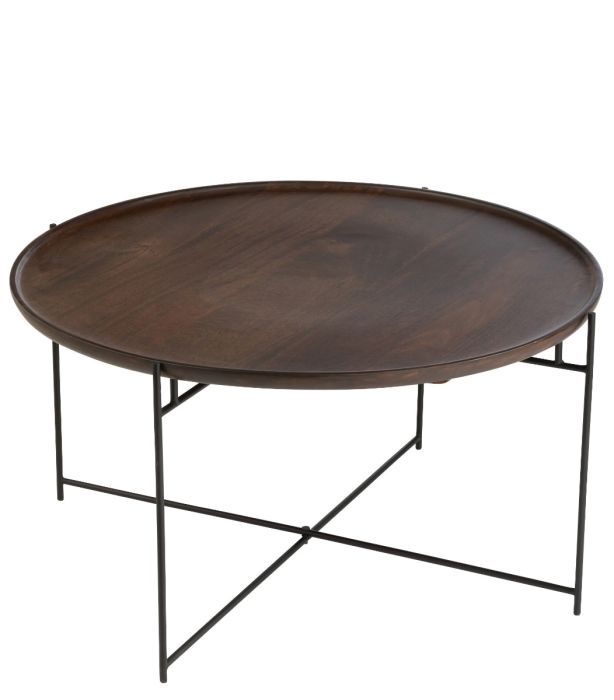 Mesa de centro mid-century en madera de mango marrón y patas de hierro negro.