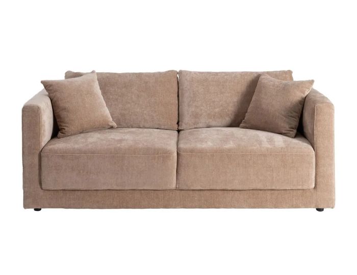 Sofá de 3 plazas moderno en madera y tejido taupe beige.