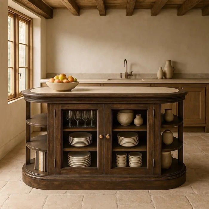 Isla de cocina vintage con sobre de mármol y base de madera marrón oscuro.