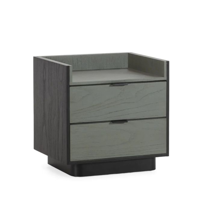 Mesita de noche moderna en madera gris-negro y metal negro.