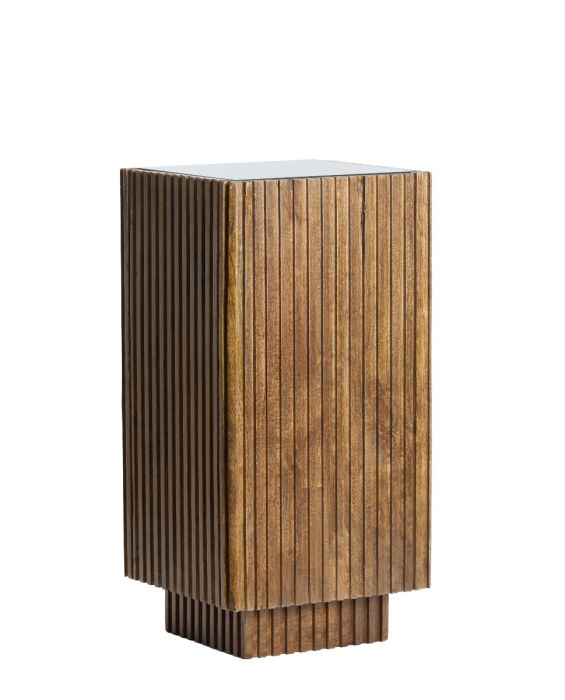 Pilar nórdico moderno con lamas de madera verticales y sobre de cristal marrón.