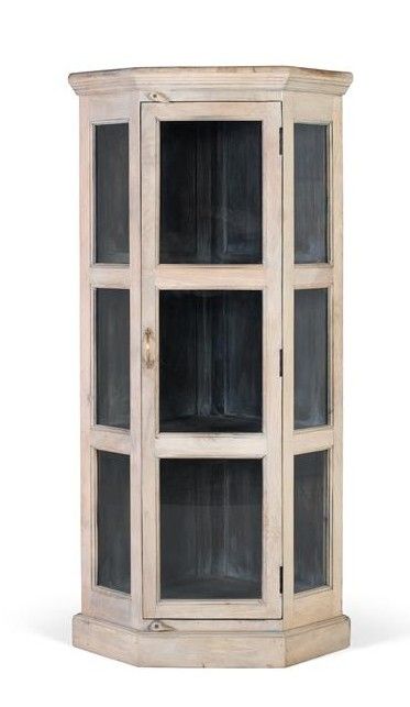 Vitrina rinconera vintage en madera de mango blanca y cristal.