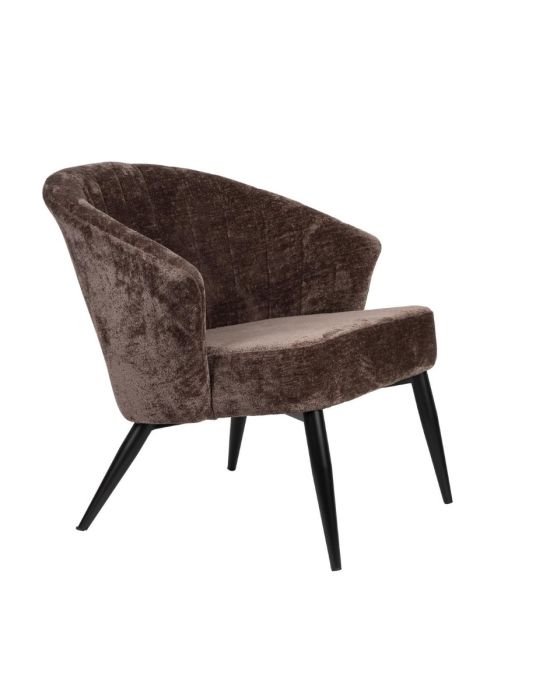 Silla moderna en madera de abedul tapizada color púrpura con patas metálicas negras.