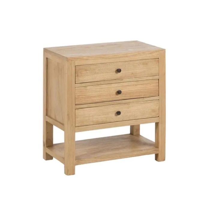 Mesita de noche 3 cajones y una balda inferior en madera mindi natural con tiradores metálicos en negro.
