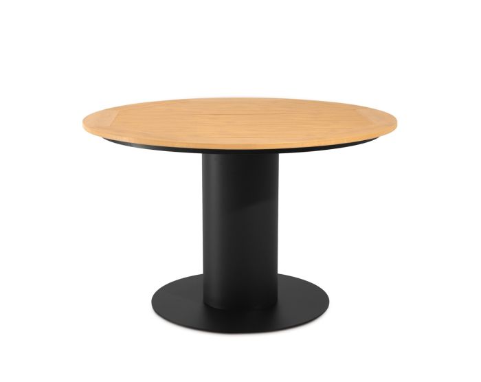 Mesa de comedor exterior nórdica en polimadera natural y acero galvanizado negro.