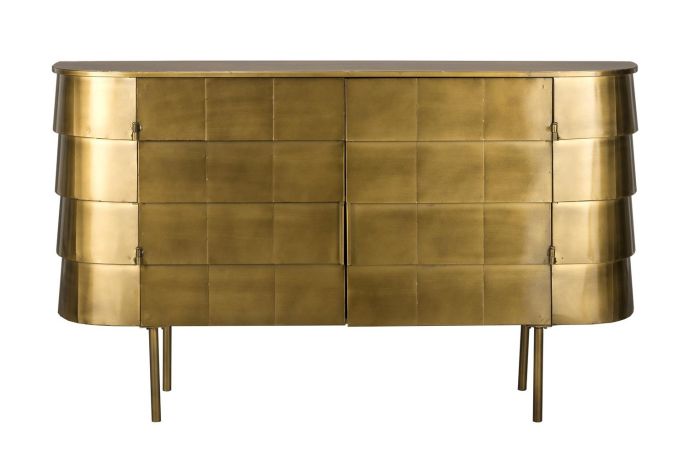 Aparador mid-century en hierro dorado con 2 puertas para almacenamiento.