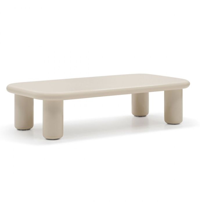 Mesa de centro contemporánea en fibra de vidrio alto brillo blanco.