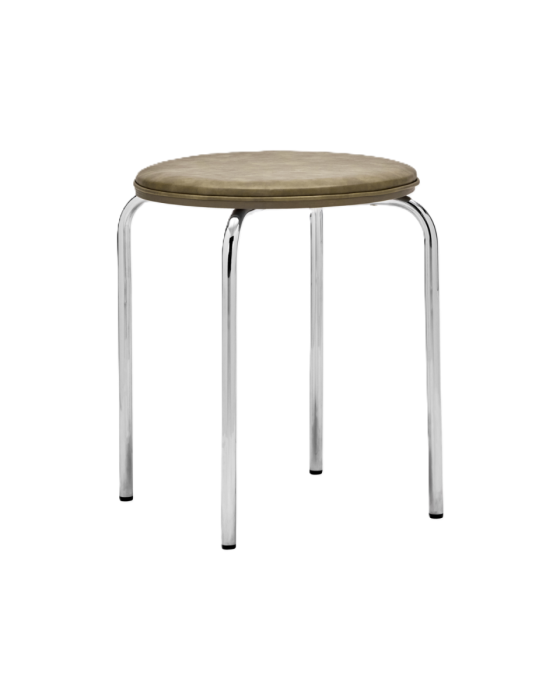 Taburete moderno tapizado en cuero sintético y estructura de acero brillante.