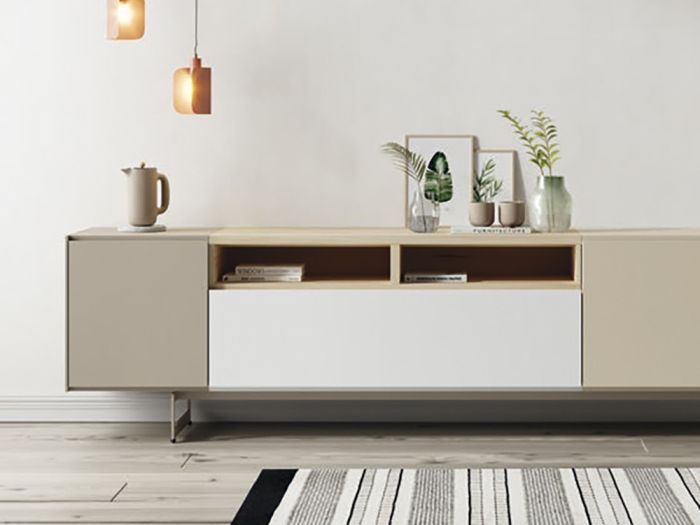 Mueble TV Madera Laminada Metal Acabado Haya Blanco, 260'7 Cm