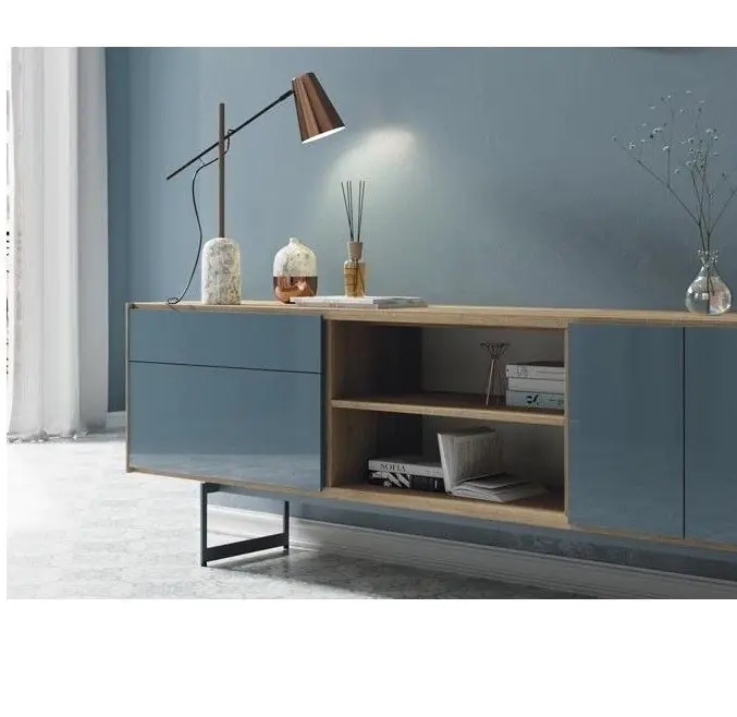 Aparador Estilo Moderno Color Agua Marina Cristal Lacado Laminado, 230'3 Cm