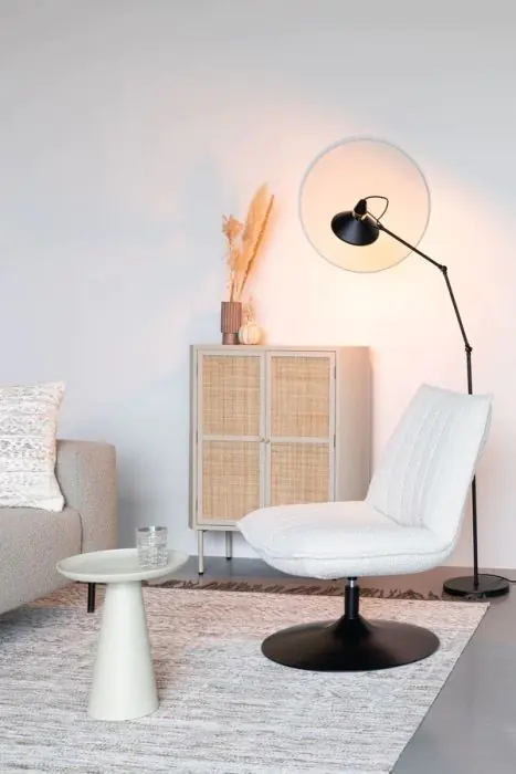  Armchair white shearling fabric black metal.