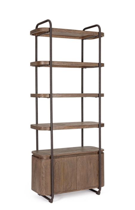 Librería en madera de mango marrón y acero efecto piedra oscuro.