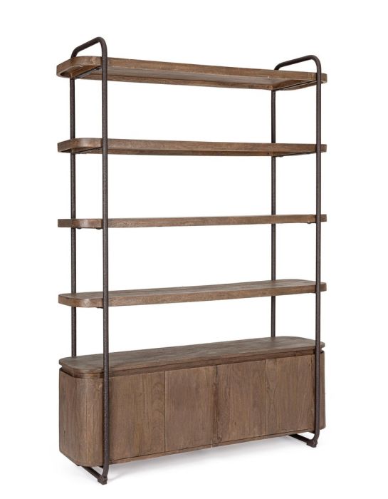 Librería en madera de mango marrón y acero efecto piedra oscuro.