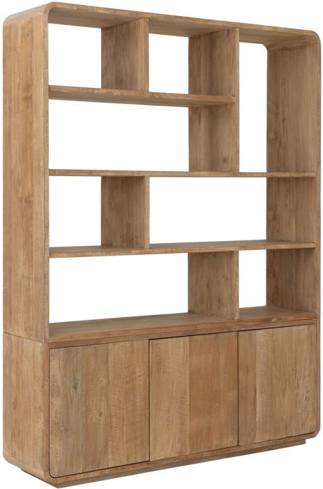 Librería en madera de teca reciclada natural con 3 puertas y 8 compartimentos.