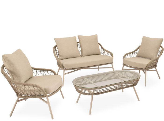 Conjunto de jardín tropical un sofá, sillones y una mesa de centro en cuerda, acero beige y cristal templado.