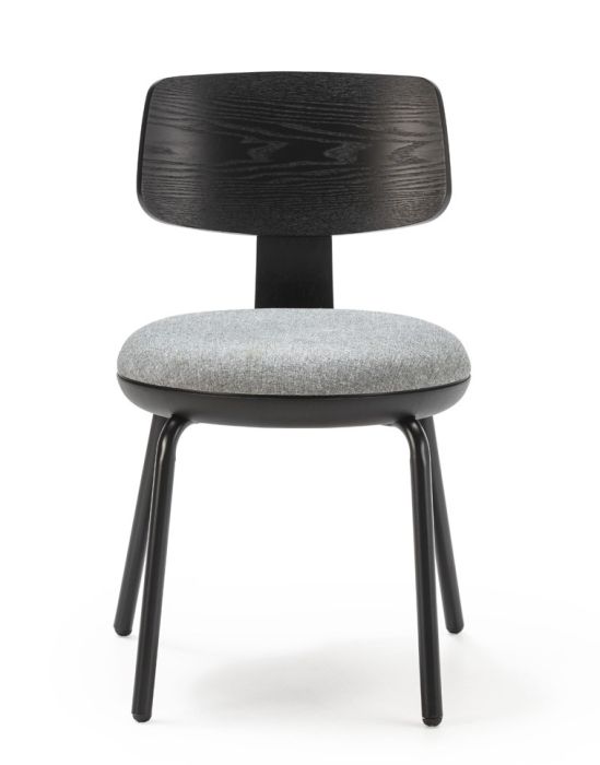 Silla moderna de madera de haya negro y gris y metal negro.