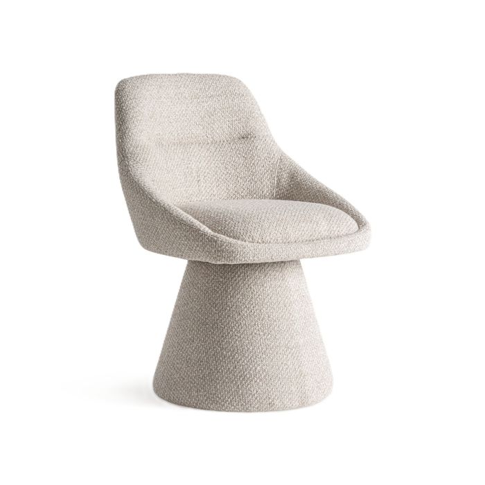 Sillón giratorio nórdico moderno en metal tapizado en tela beige.