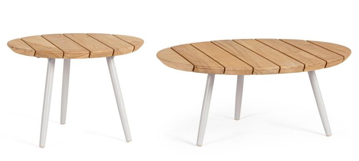 Set 2 mesa centro jardín con sobre de madera de teca natural y patas de acero blanco.