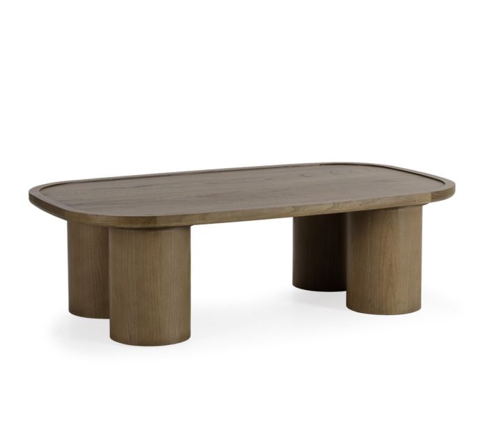 Mesa de centro nórdica moderna en madera de fresno nogal con patas cilíndricas.