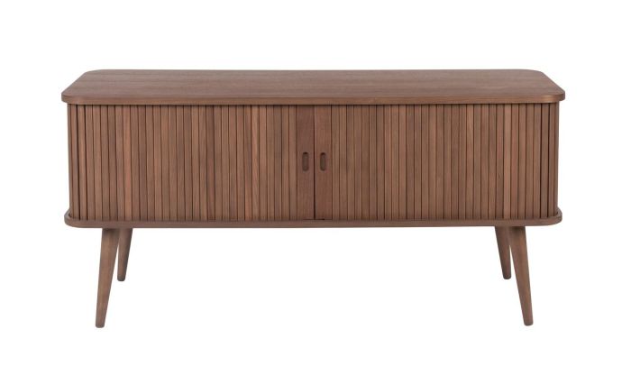 Aparador nórdico 2 puertas corredizas en madera, chapa nogal con baldas interiores de cristal.