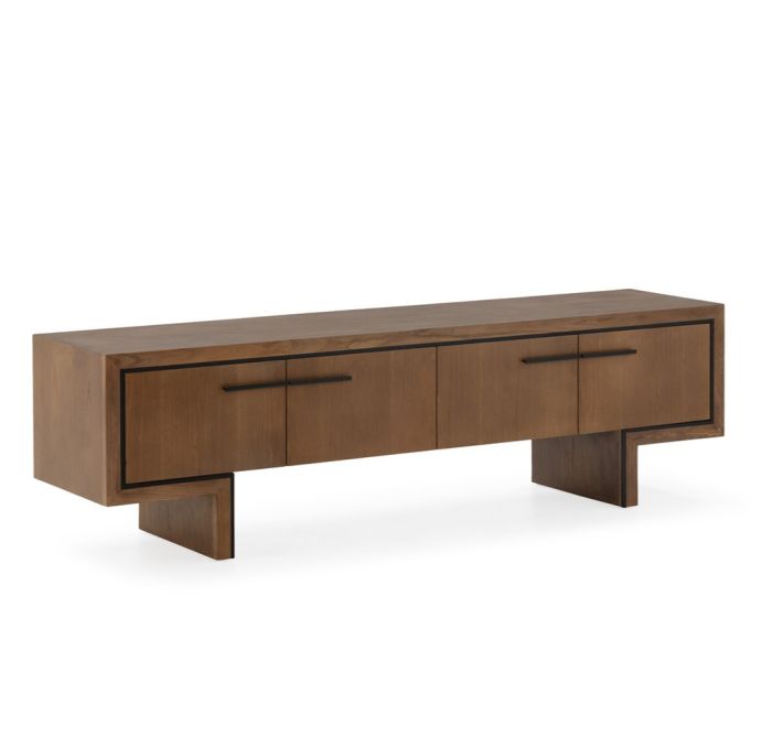 Mueble de TV nórdico moderno en madera de olmo nogal y detalles metálicos en negro mate.