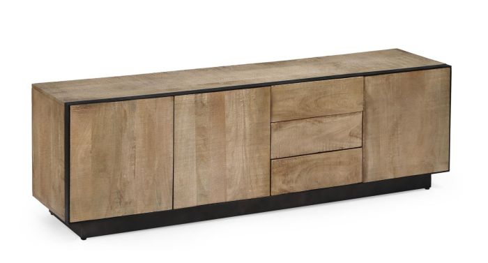 Mueble de TV 3 puertas en madera de mango natural y detalles en acero negro.