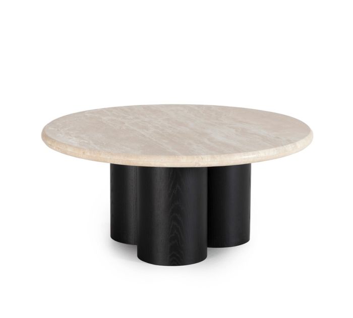 Mesa de centro de diseño moderno con sobre de mármol travertino y base de chapa de fresno negro.