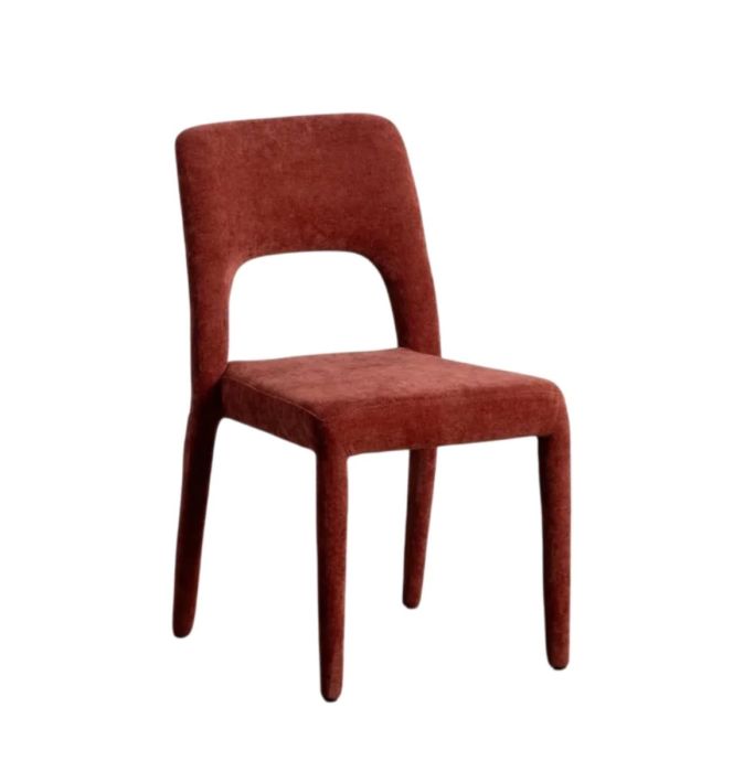Silla apilable moderna en metal tapizado en tejido rojo de tacto suave.