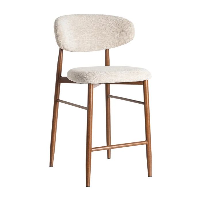 Taburete alto nórdico moderno en metal nogal tapizado en tejido beige.