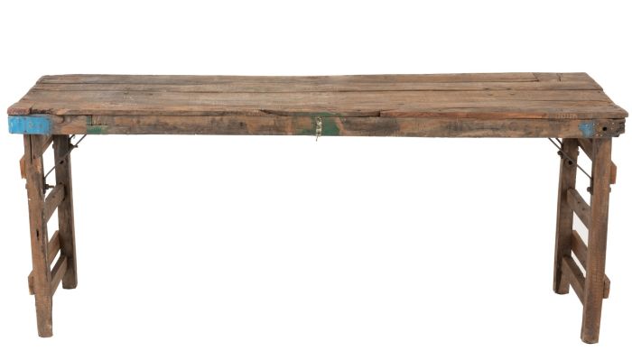 Consola antigua vintage en madera reciclada marrón con detalles en azul y verde.