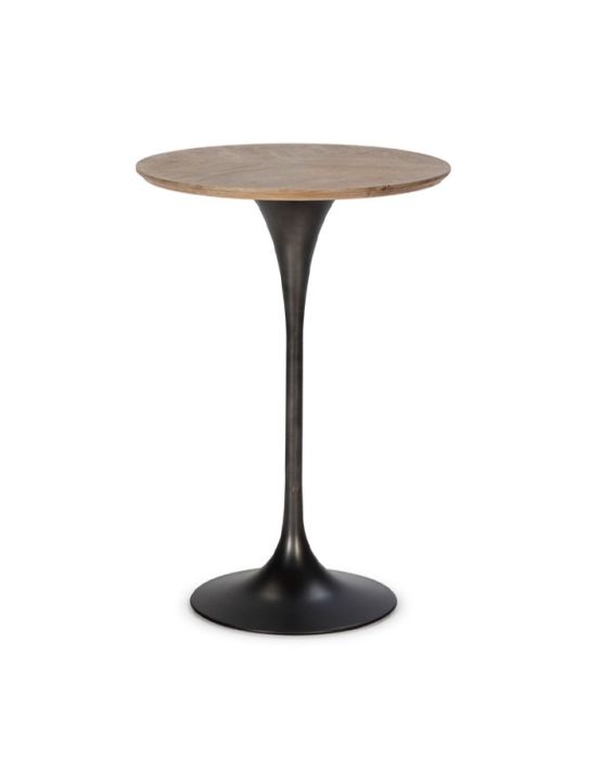 Mesa de comedor alta industrial moderna en madera natural y base cónica de metal negro.